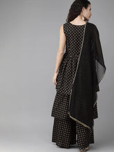 Women Black & Golden Printed Tiered Kurta with Sharara & Dupatta-AHKUDUSH-Combo-257